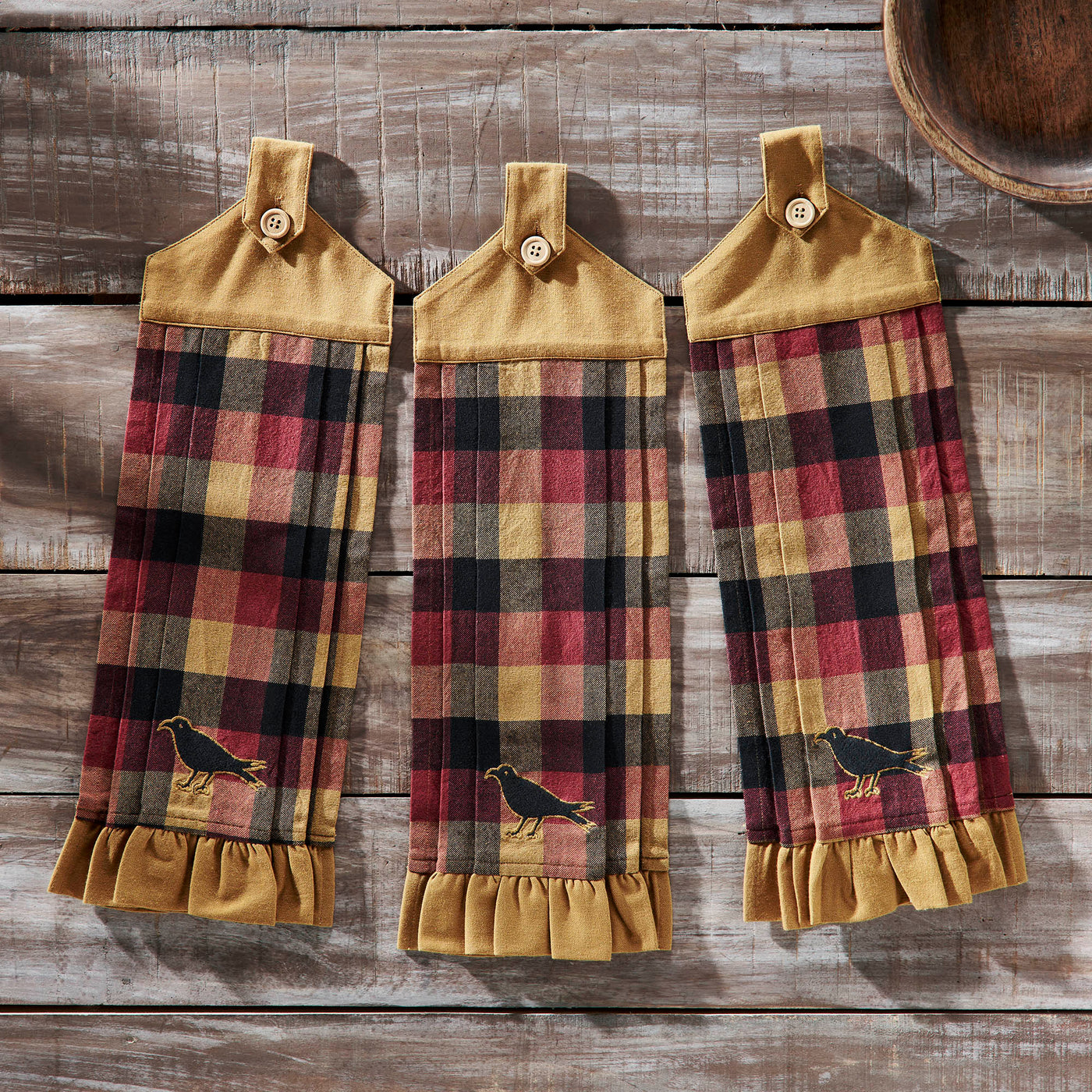 Set of 3 Heritage Farms Primitive Check Button Loop Tea Towels