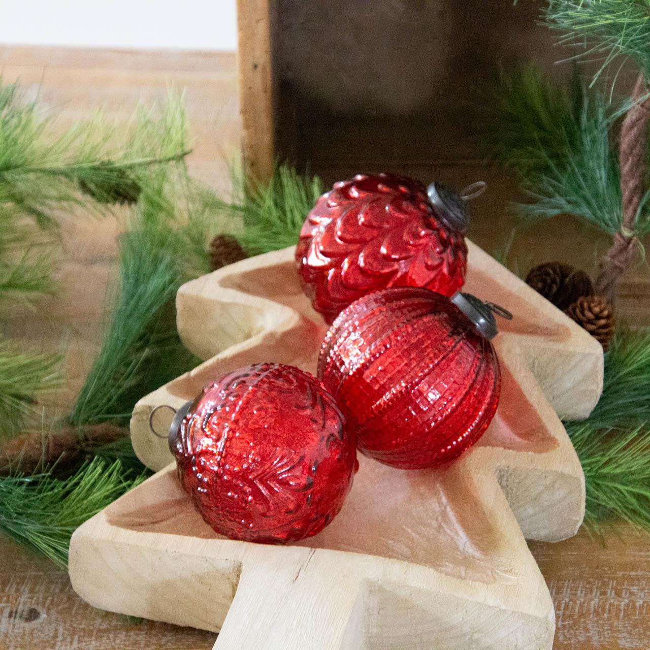 Set of 3 Round Textured Red Mercury Glass Ornaments