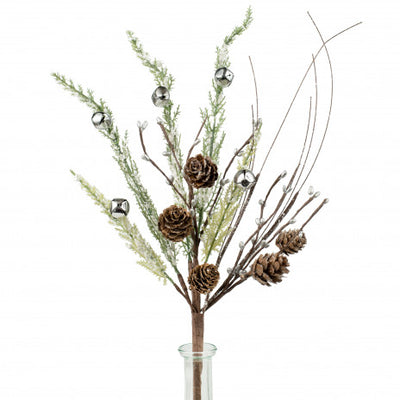 Snowy Pine With Silver Jingle Bell 20" Faux Evergreen Spray