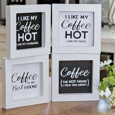 Set of 4 Coffee Themed Mini Framed Signs in Black and White