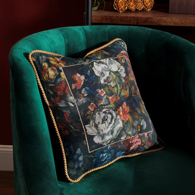 Moody Old English Florals With Velvet Gold Trim 16" Accent Pillow