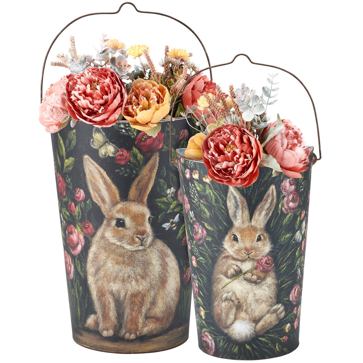 Set of 3 Bunny and Flowers Wall Buckets