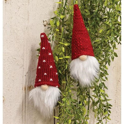 Set of 2 Gnome Ornaments with Red Knit Hats