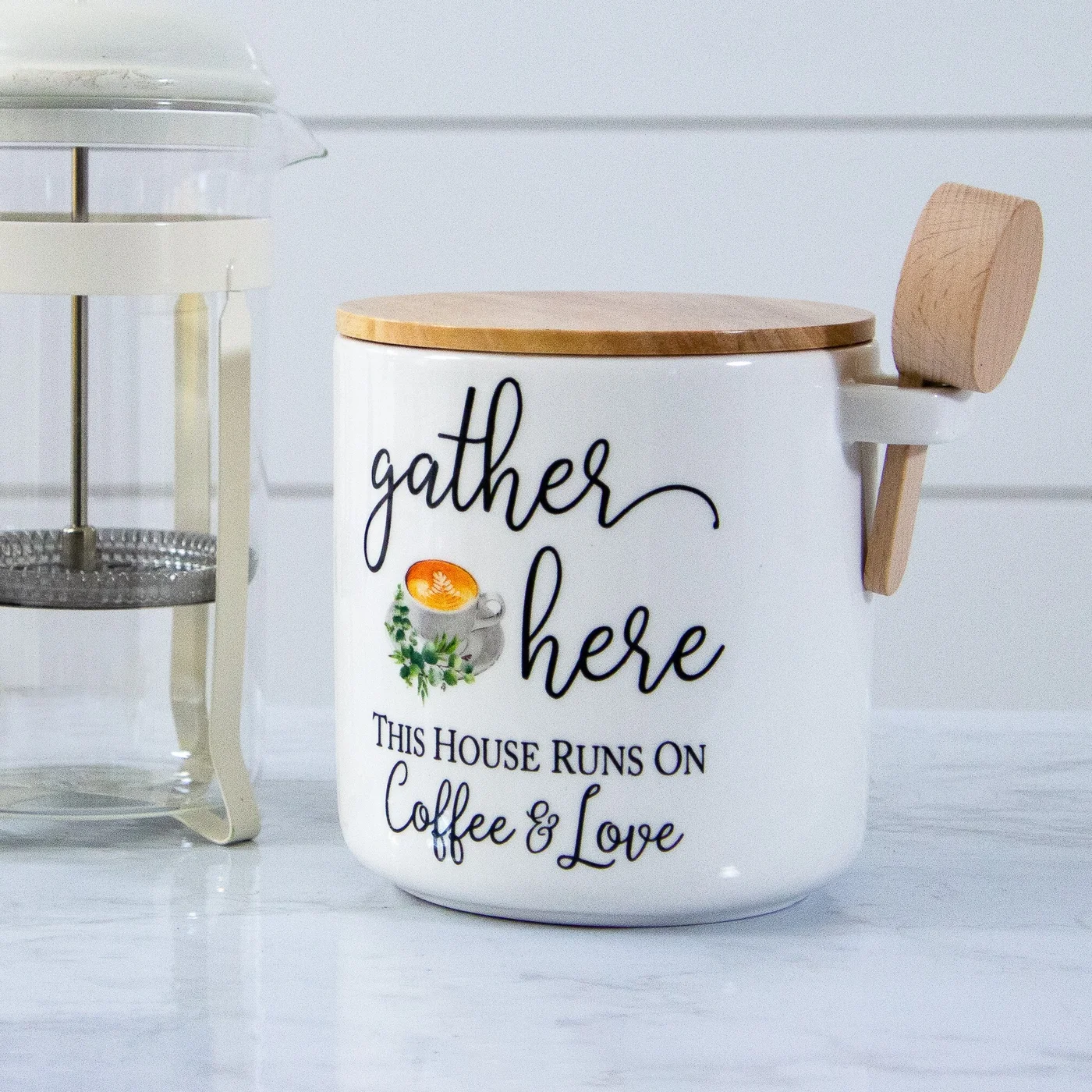 Gather Here This House Runs on Cofee & Love Canister With Scoop