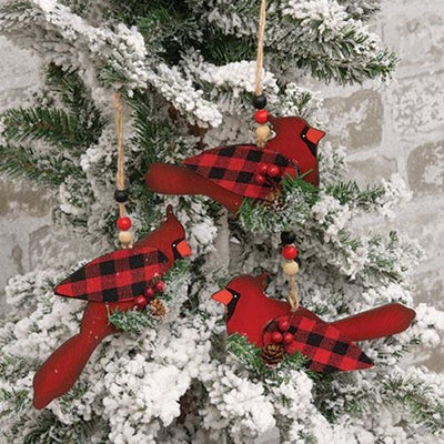 Set of 3 Wooden Cardinal Buffalo Plaid Ornaments