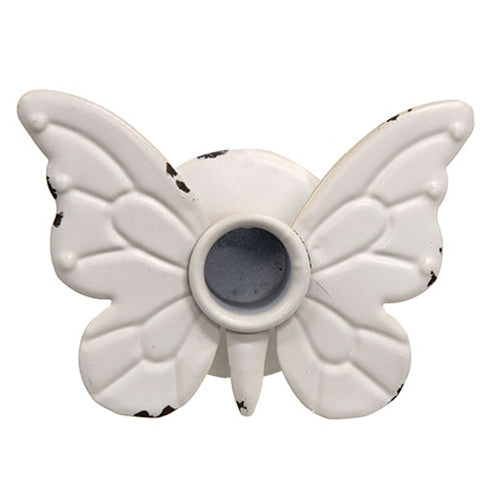 Distressed White Metal Butterfly Taper Candle Holder