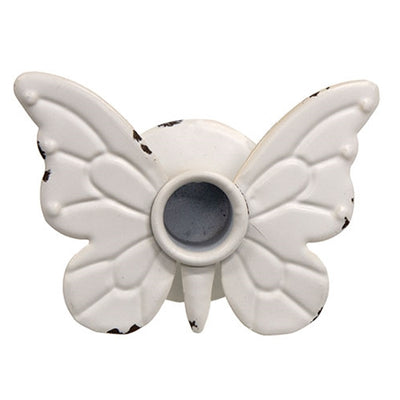 Distressed White Metal Butterfly Taper Candle Holder