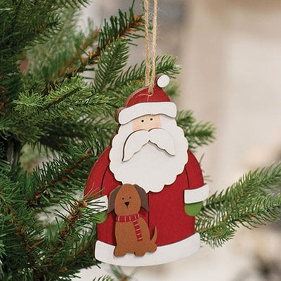 Santa With Puppy Dog Wooden Ornament