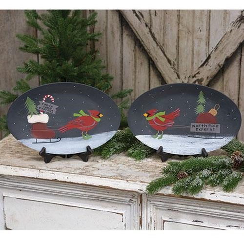 Set of 2 North Pole Express Cardinal Decorative Oval Plates