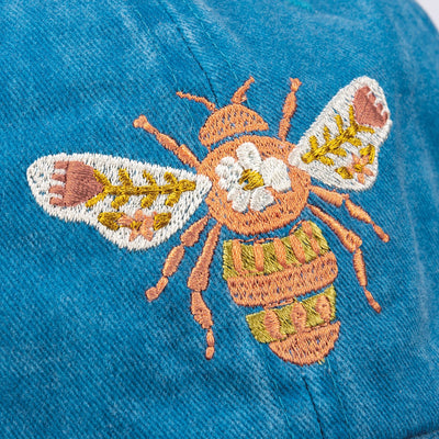 Bee Happy Floral Blue Baseball Cap