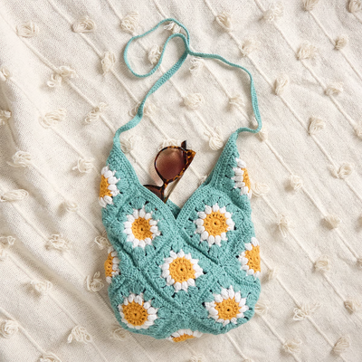 Boho Teal Crochet Shoulder Bag with Daisy Pattern