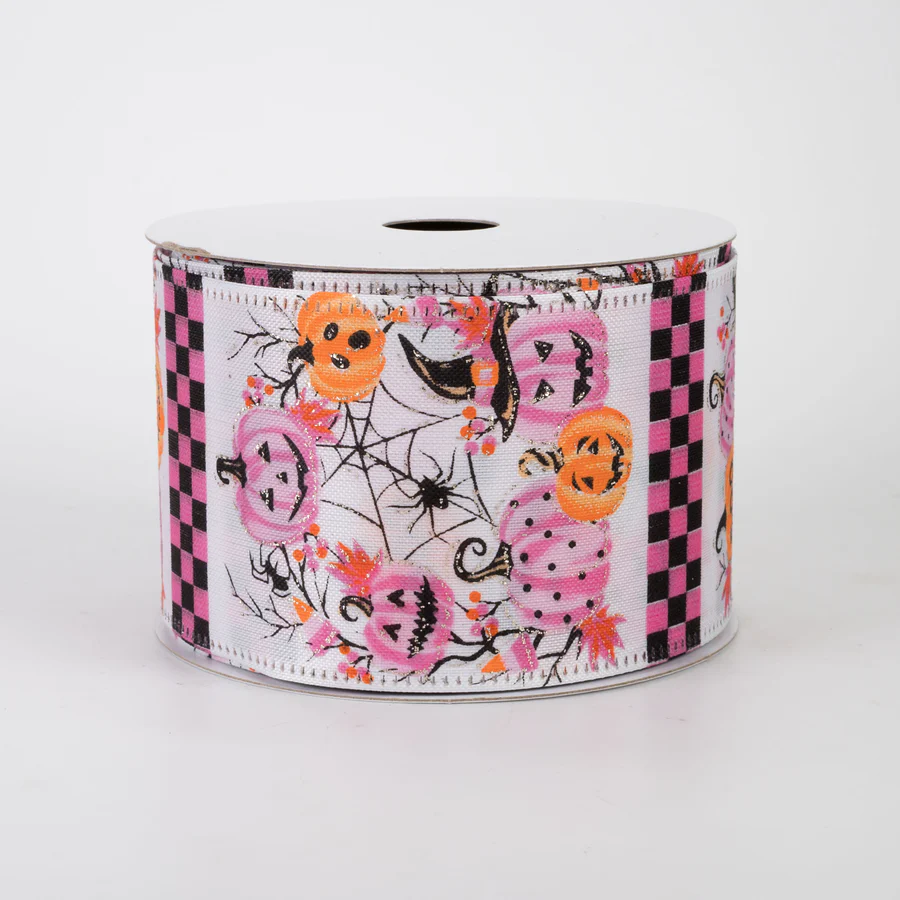 💙 Pink Halloween Pumpkins & Spiderwebs Ribbon 2.5" x 10 Yards