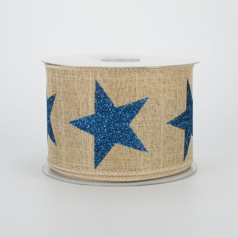 💙 Bold Navy Glitter Star on Beige Ribbon 2.5" x 10 yards