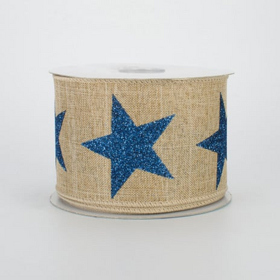 💙 Bold Navy Glitter Star on Beige Ribbon 2.5" x 10 yards