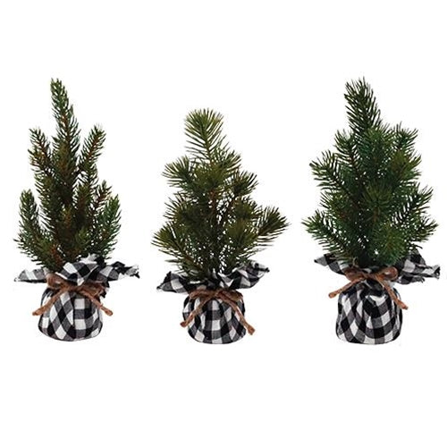 Set of 3 Faux Pine Trees in Buffalo Plaid Base Assorted