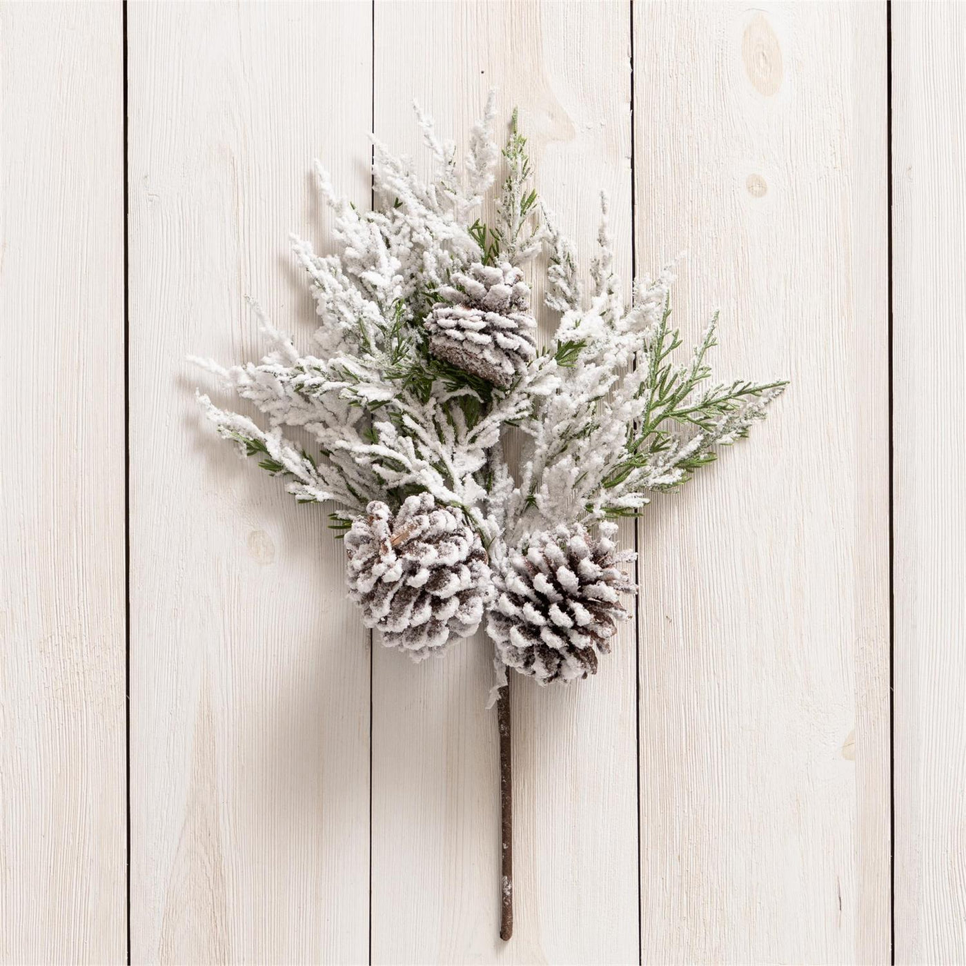 White Flocked With Pinecones 18" Faux Evergreen Spray