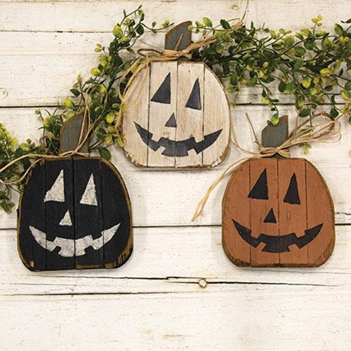 Set of 3 Jack Faced Pumpkins Wooden Lath Hangings