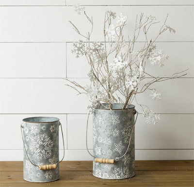 Set of 2 Embossed Snowflake Metal Pails