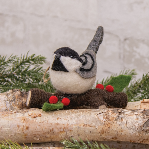 Chickadee on Branch Felt Bird Ornament