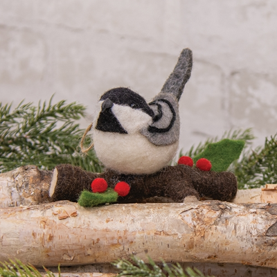 Chickadee on Branch Felt Bird Ornament