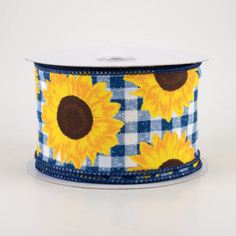 💙 Sunflowers on Blue and White Check Ribbon 2.5" x 10 yards