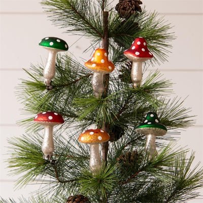 Set of 6 Glass Mushroom Clip On Ornaments