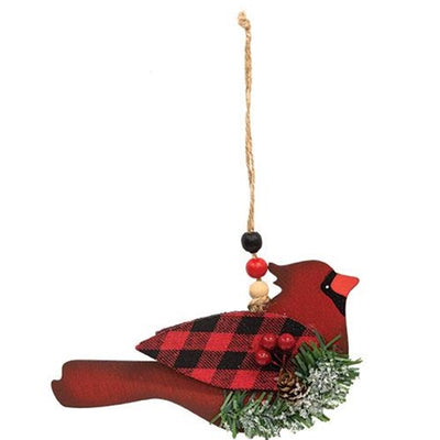 Set of 3 Wooden Cardinal Buffalo Plaid Ornaments