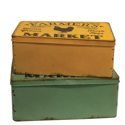 Set of 2 Distressed Metal Farmer's Market Boxes with Lids