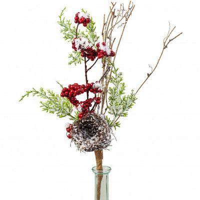 💙 Snowy Berry Bird Nest 18" Faux Evergreen Pick