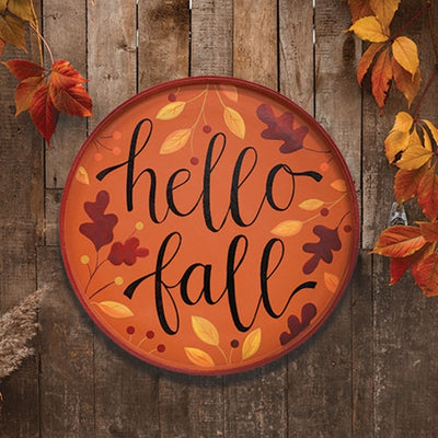 Hello Fall Autumn Leaves Round Wooden Hanging Tray 15.5"