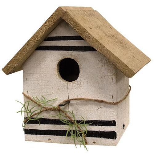 DAY 6 🐦 14 DAYS OF FEATHERED FRIENDS 🪺 White Wood Decorative Birdhouse With Rustic Stripes