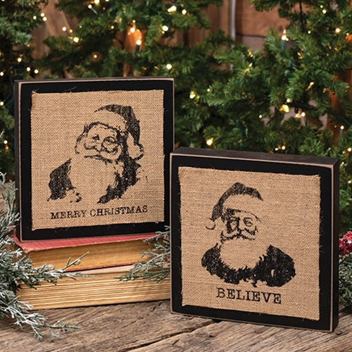 Set of 2 Stamped Burlap Santa Box Signs