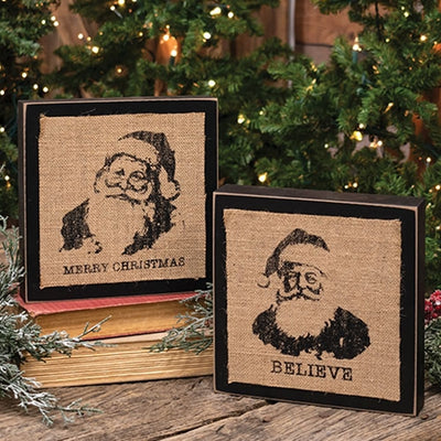 Set of 2 Stamped Burlap Santa Box Signs