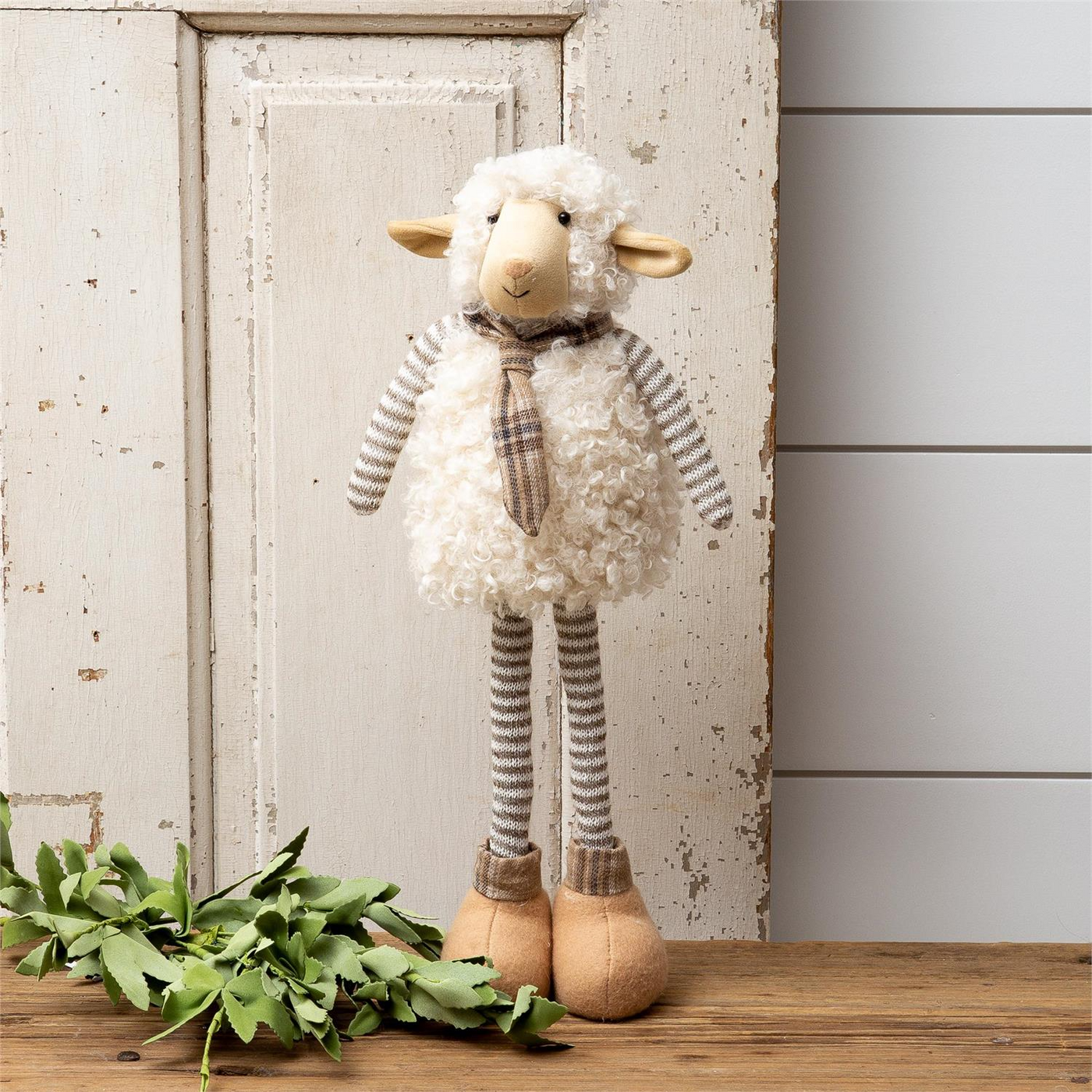 Ella Sheep with Extendable Stripped Legs and Flannel Scarf Figure