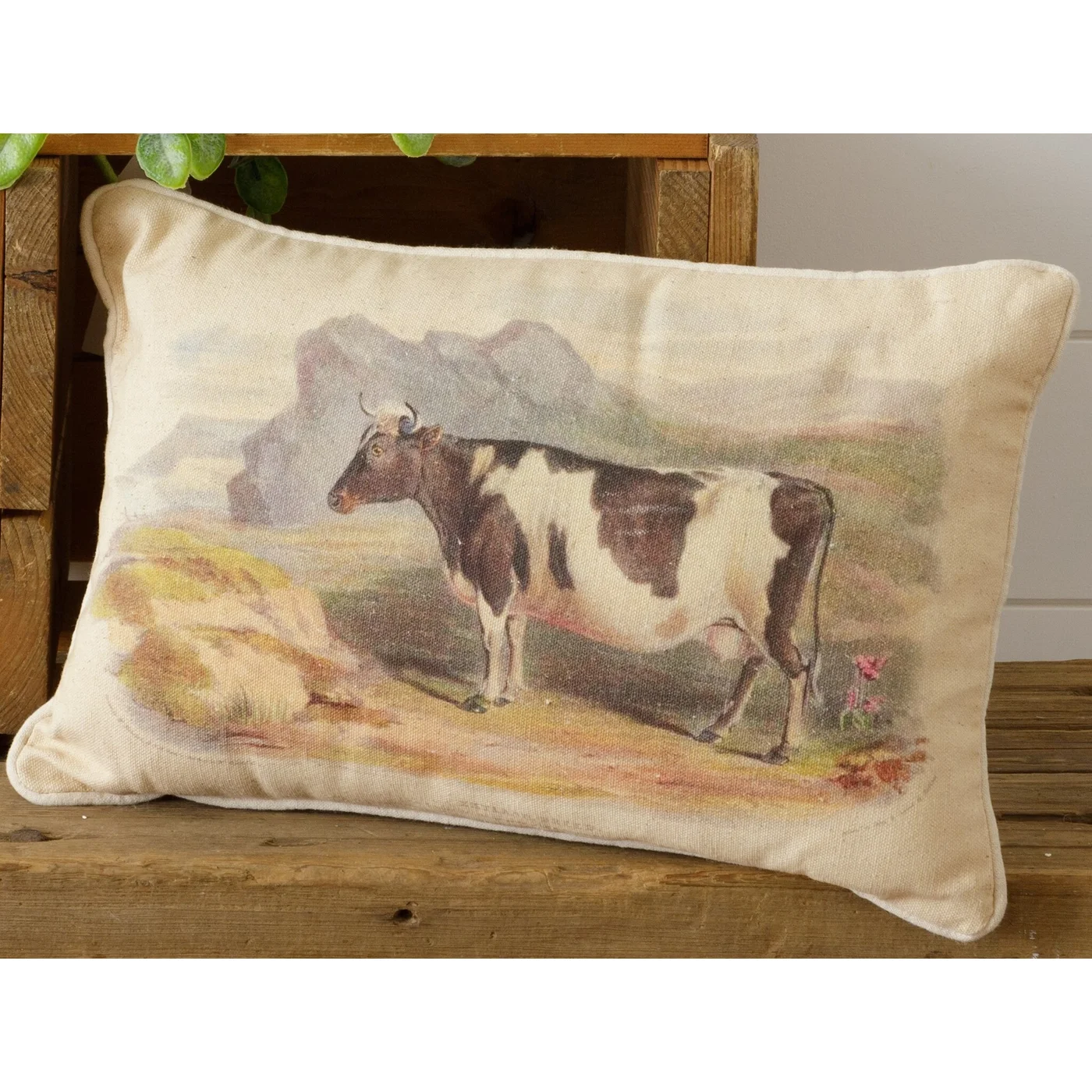 Vintage-Style Cow in Pasture 10" x 16" Accent Pillow