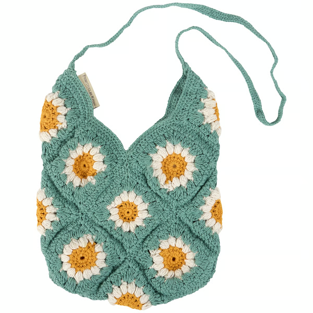 Boho Teal Crochet Shoulder Bag with Daisy Pattern