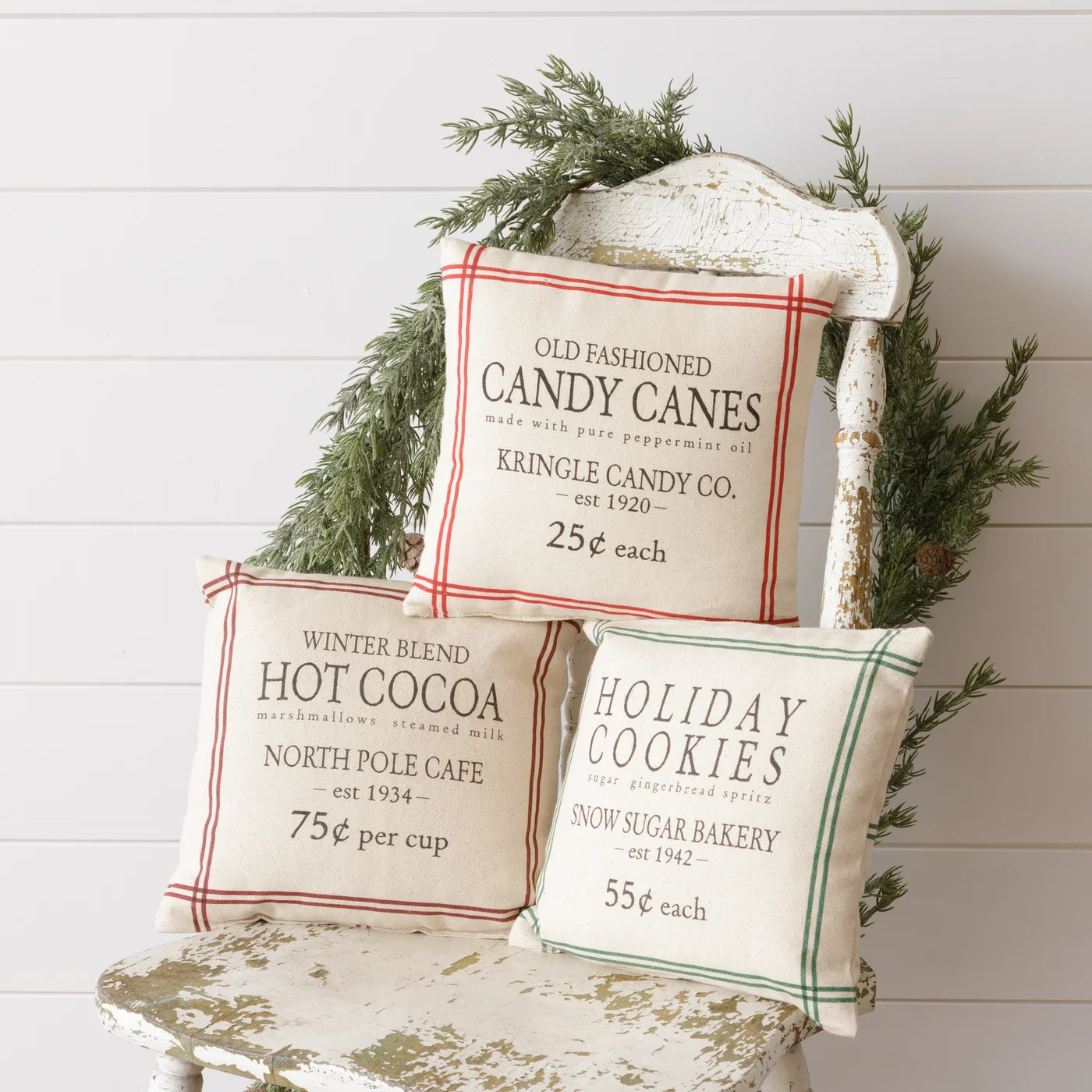 Set of 3 Christmas Grain Sack Pillows Hot Cocoa Candy Canes & Cookies