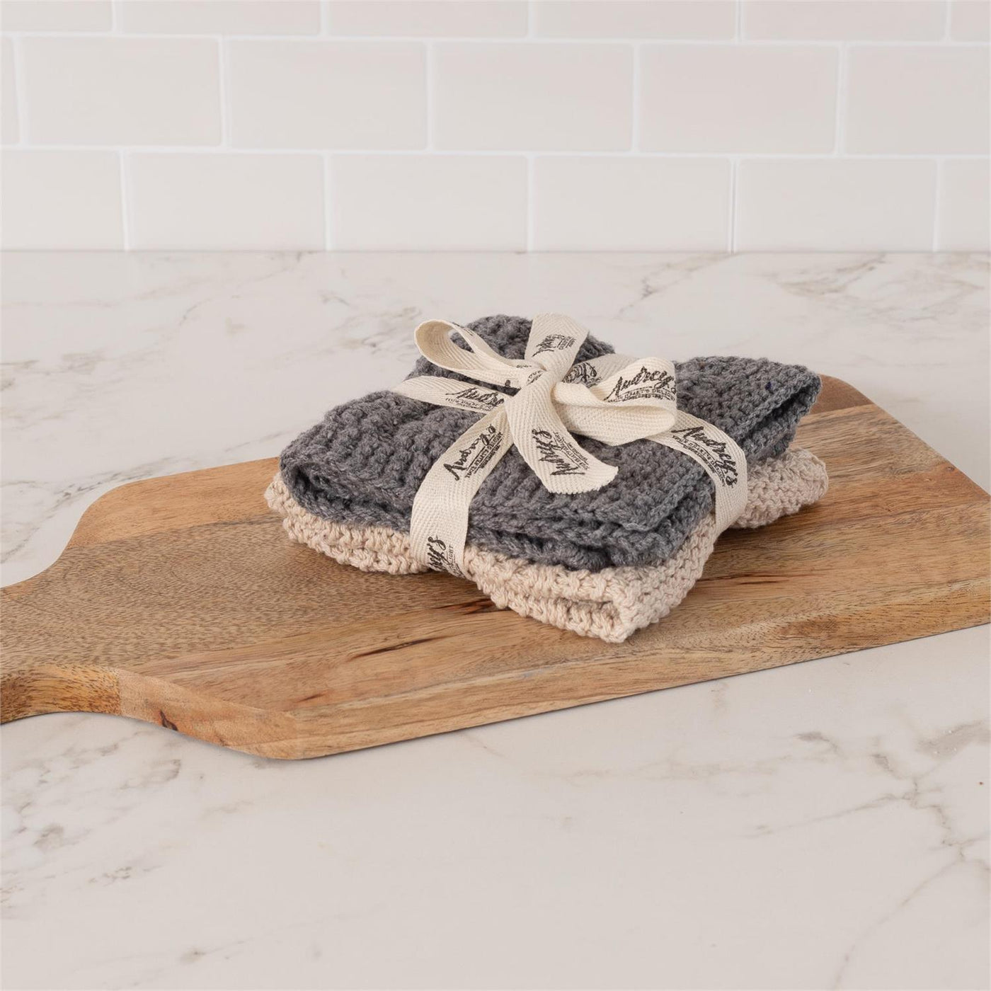 Gray and Cream Knitted Dish Cloth Set