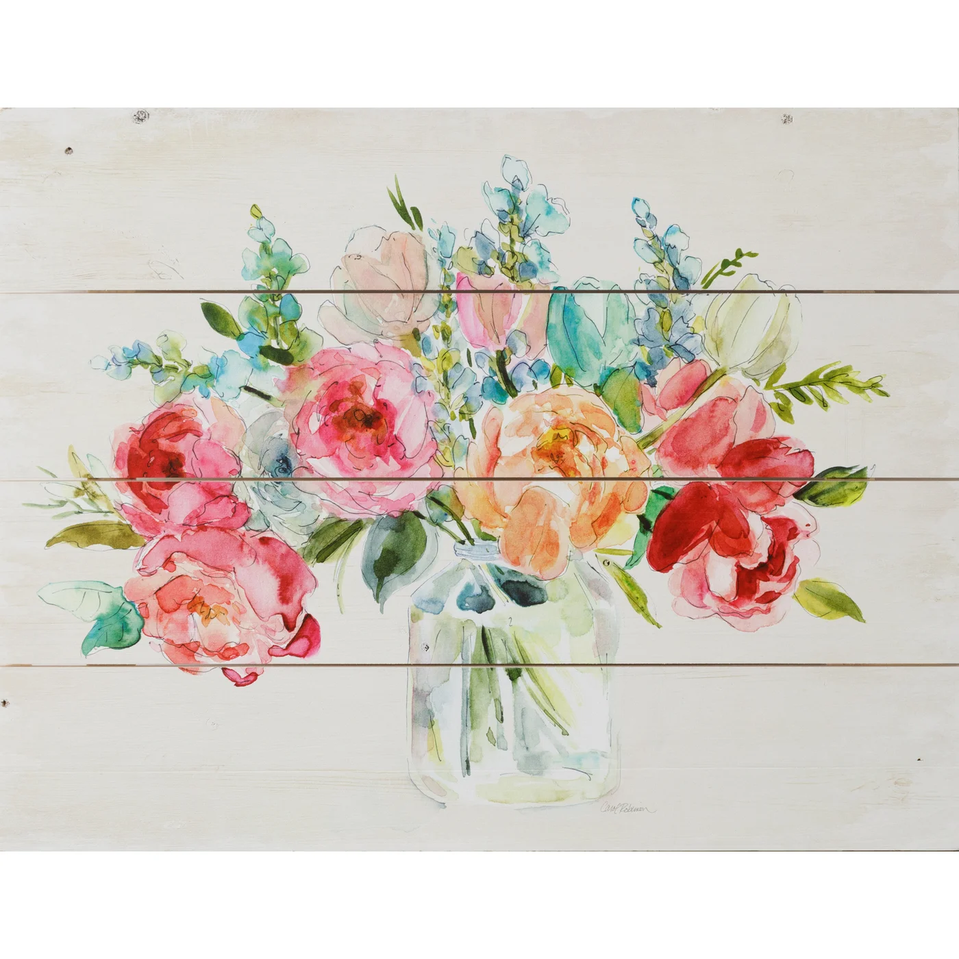 Watercolor Flowers in Vase on Pallet Sign 20" x 27"