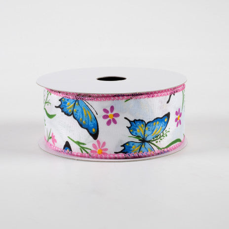 💙 Butterfly Flowers Pink and Blue Satin Ribbon 1.5" x 10 yards