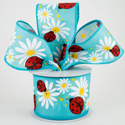Ladybug & Daisies on Turquoise Ribbon 2.5" x 10 yards