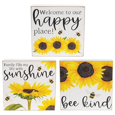 Set of 3 Sunflower & Bees Happiness Box Signs 8" square