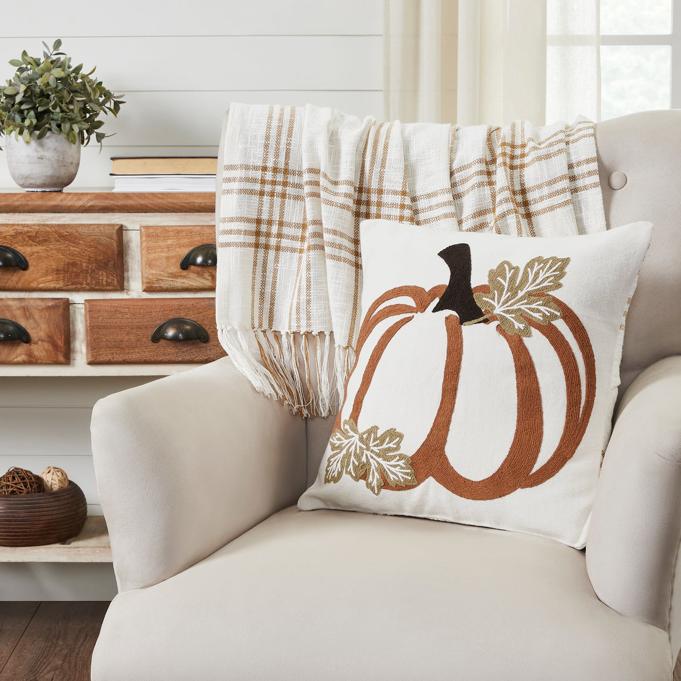 Wheat Plaid Pumpkin Pillow 18'' x 18''