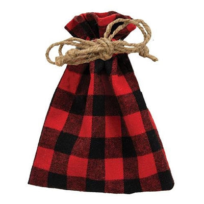 💙 Red and Black Buffalo Check Fabric Drawstring Bag 7.5" H