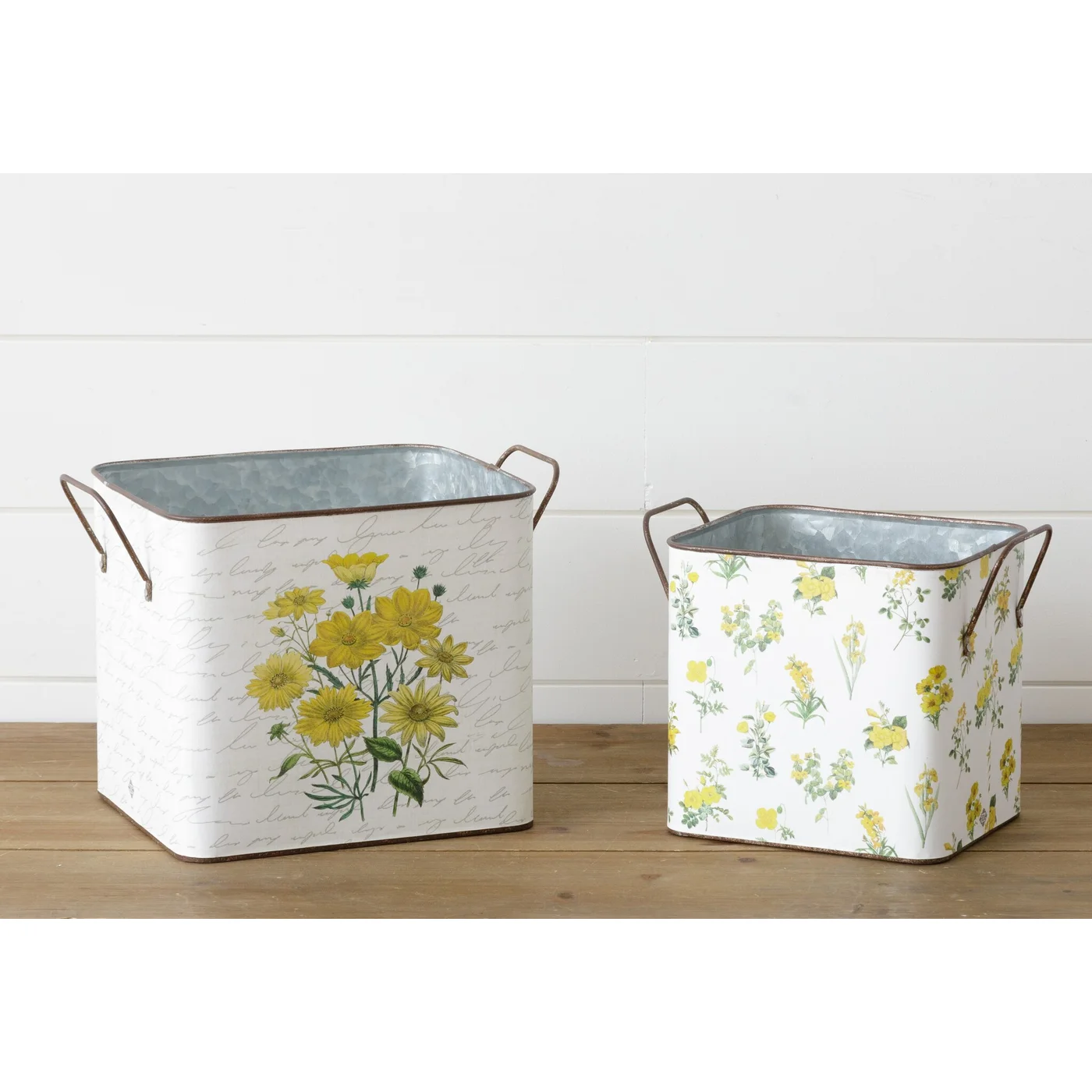 Set of 2 Yellow Flowers Design Square Tin Containers