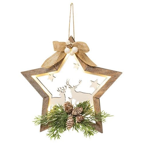 Star Reindeer Cutout Lighted Ornament with Greenery 8.25" H
