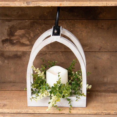 White Arched Lantern with LED Candle and Greens