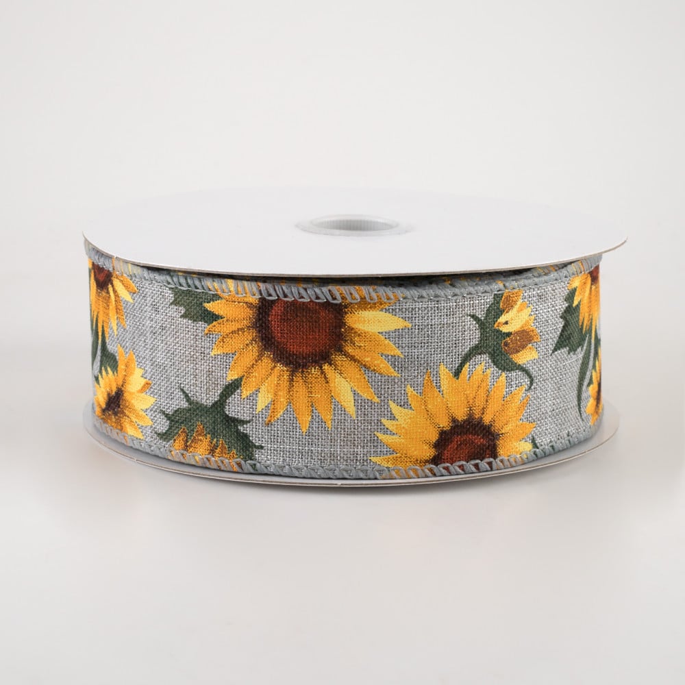 💙 Sunflowers & Leaves on Grey Ribbon 1.5" x 10 yards