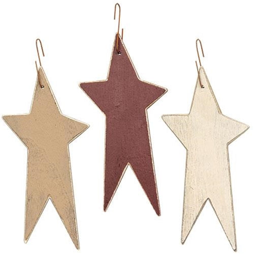 Distressed Burgundy Cream and Ivory Primitive Star Ornaments Set of 3