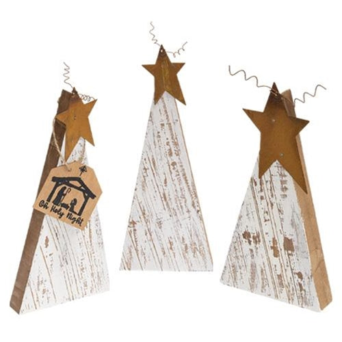 Set of 3 Distressed Rustic Wood White Christmas Trees